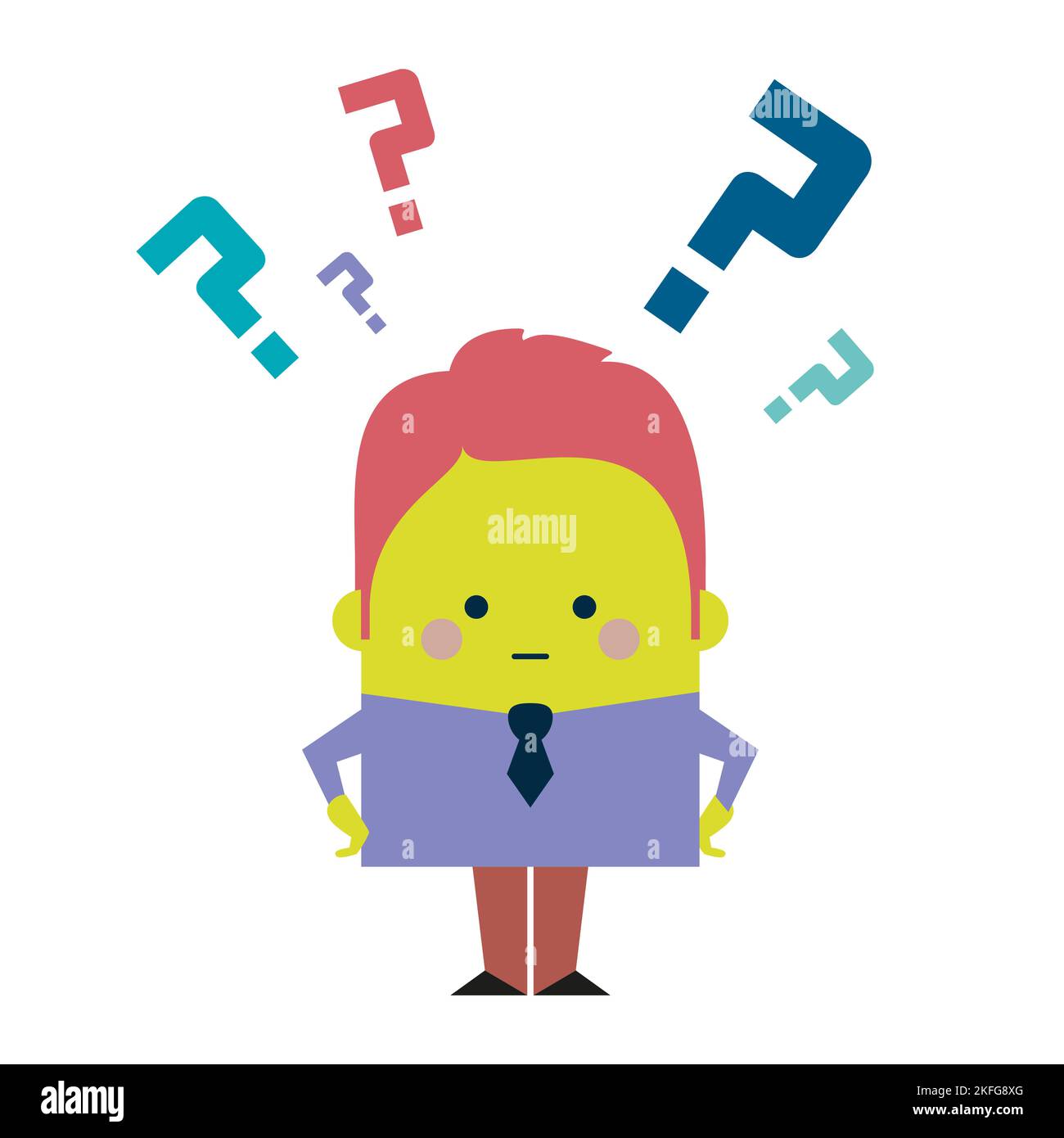 Illustration d'un homme d'affaires qui pense avec des questions autour - le thème de l'entreprise et de la conception de travail Banque D'Images