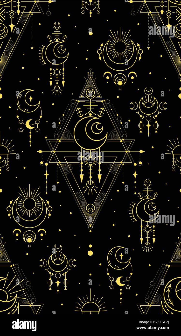 Texture vectorielle riche avec symboles occulte dorés, étoiles et croissant sur fond noir. Modèle géométrique de luxe mystique. Contour sacré or Illustration de Vecteur