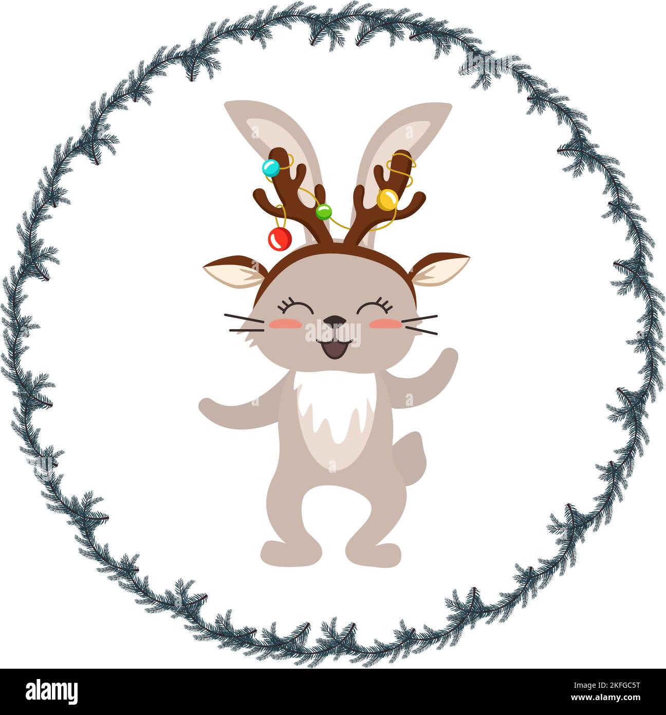 Carte cadeau avec adorable lapin ou lièvre et couronne d'arbre de Noël. Animal amusant festif dans le cadre pour le nouvel an et les vacances. Illustration vectorielle plate Illustration de Vecteur