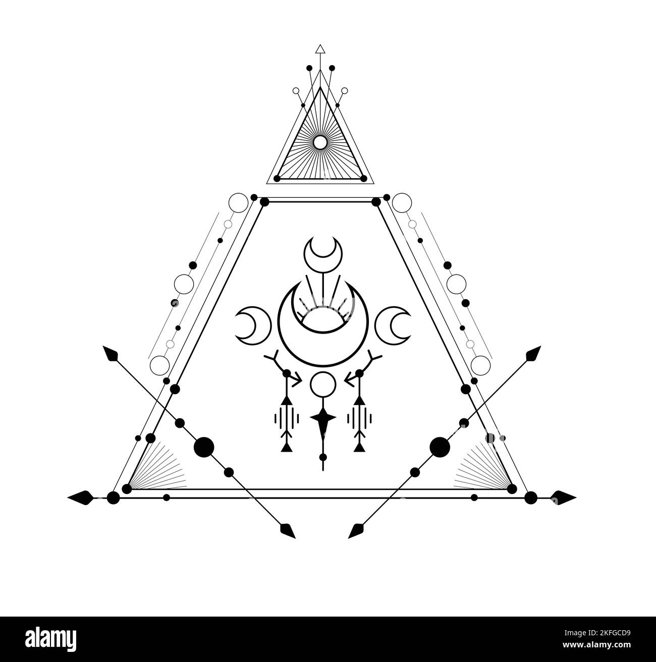 Illustration géométrique monochrome mystique. Image vectorielle avec symboles occultes avec étoiles et croissant. Contour sacré avec flèche et points Illustration de Vecteur