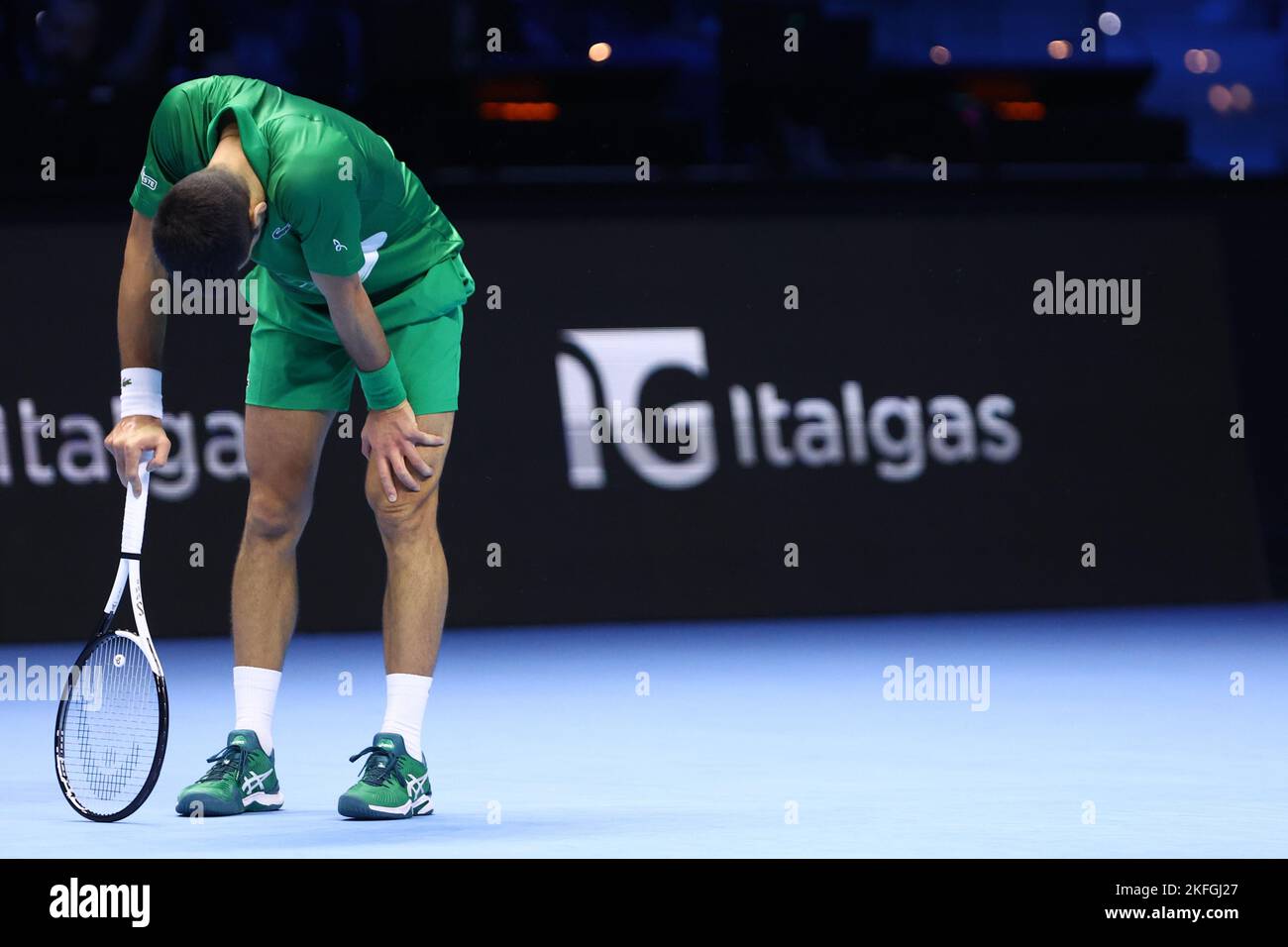 Novak Djokovic de Serbie lors du match des singles Round Robin entre Novak Djokovic de Serbie et Daniil Medvedev de Russie pendant le sixième jour des finales du Tour mondial de l'ATP de Nitto. Banque D'Images Novak Djokovic de Serbie lors du match des singles Round Robin entre Novak Djokovic de Serbie et Daniil Medvedev de Russie pendant le sixième jour des finales du Tour mondial de l'ATP de Nitto. Banque D'Images