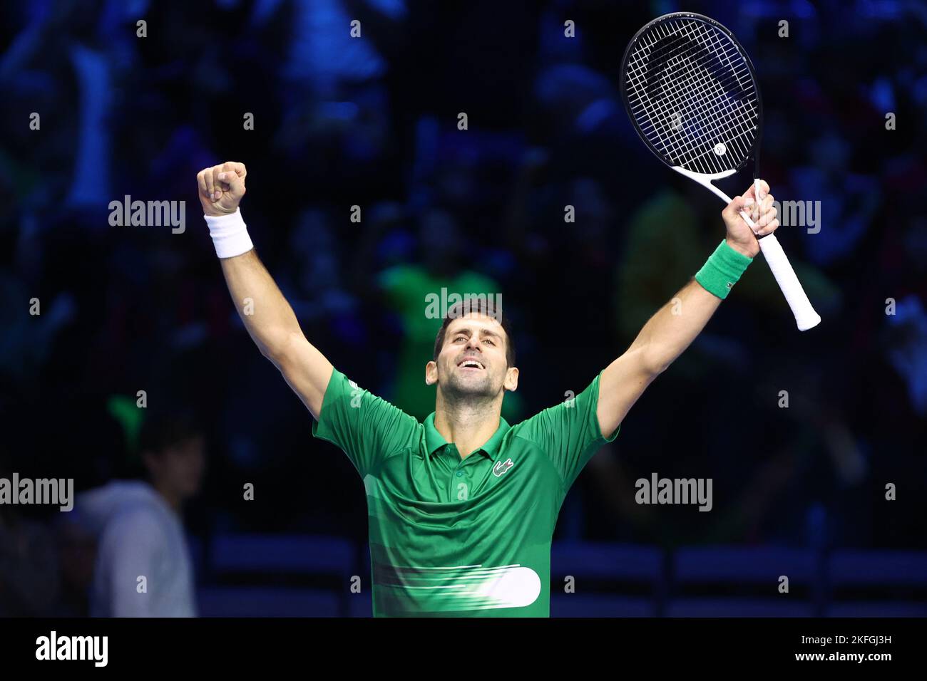 Novak Djokovic, de Serbie, célèbre à la fin du match des singles Round Robin entre Novak Djokovic, de Serbie, et Daniil Medvedev, de Russie, au cours du sixième jour des finales du Tour mondial de Nitto ATP. Banque D'Images Novak Djokovic, de Serbie, célèbre à la fin du match des singles Round Robin entre Novak Djokovic, de Serbie, et Daniil Medvedev, de Russie, au cours du sixième jour des finales du Tour mondial de Nitto ATP. Banque D'Images