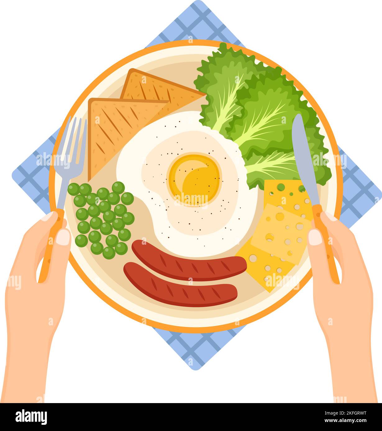 Mains tenant la fourche et le couteau. Assiette avec œuf frit, petits pois, saucisses, légumes verts, fromage et pain, illustration vectorielle Illustration de Vecteur