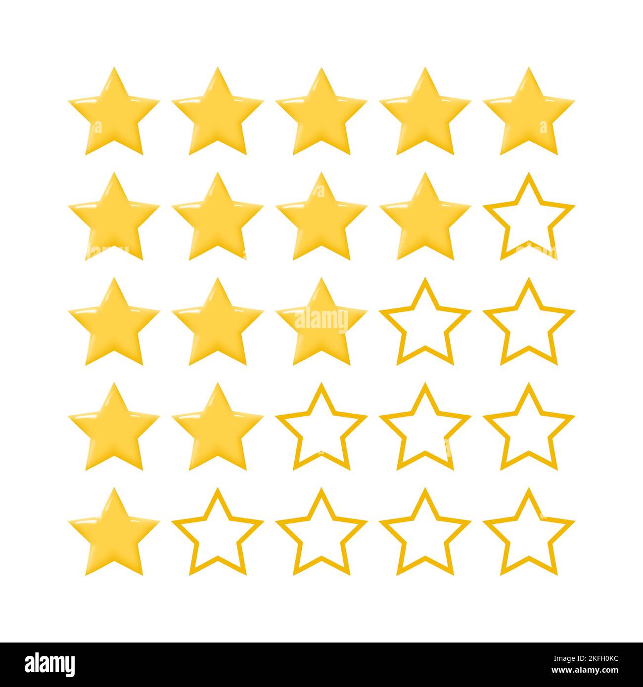 5 étoiles jaunes de suite. Étoiles pour afficher l'évaluation des sites sur Internet. Cinq icônes de classement sur fond blanc. Illustration vectorielle. Illustration de Vecteur