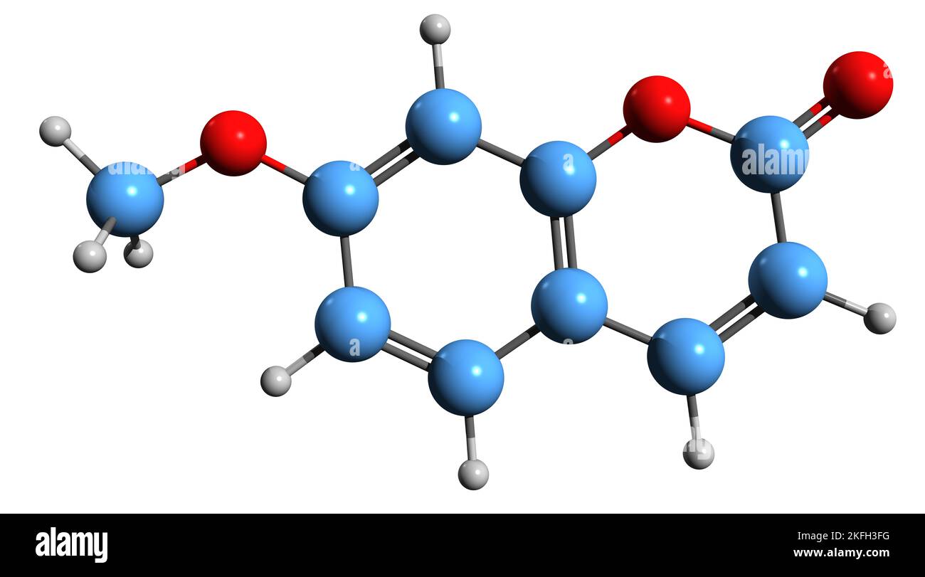 3D image de la formule squelettique de l'herniarine - structure chimique moléculaire de la 7-O-méthylumbelliférone isolée sur fond blanc Banque D'Images