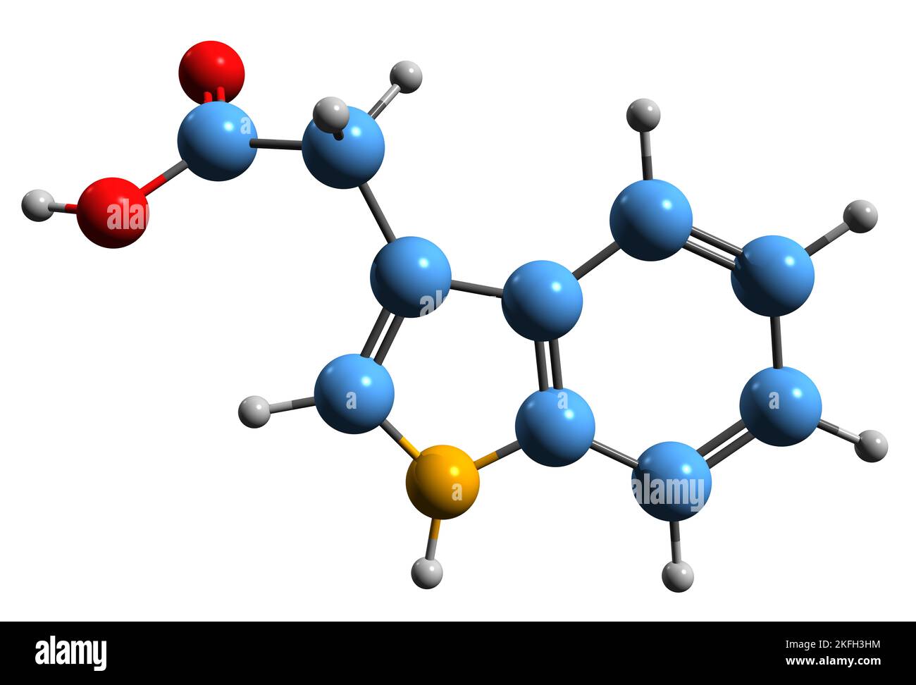 3D image de la formule squelettique de l'acide indole-3-acétique - structure chimique moléculaire de l'hormone végétale hétéroauxine isolée sur fond blanc Banque D'Images