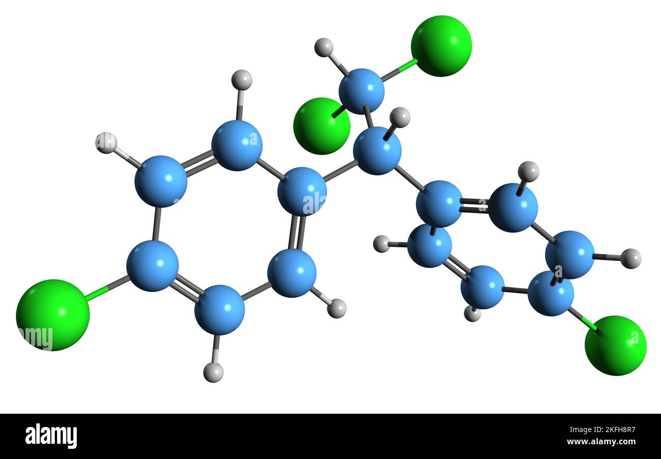 3D image de la formule squelettique de dichlorodiphényldichloroéthane - structure chimique moléculaire de l'insecticide organochloré DDD isolé sur le dos blanc Banque D'Images