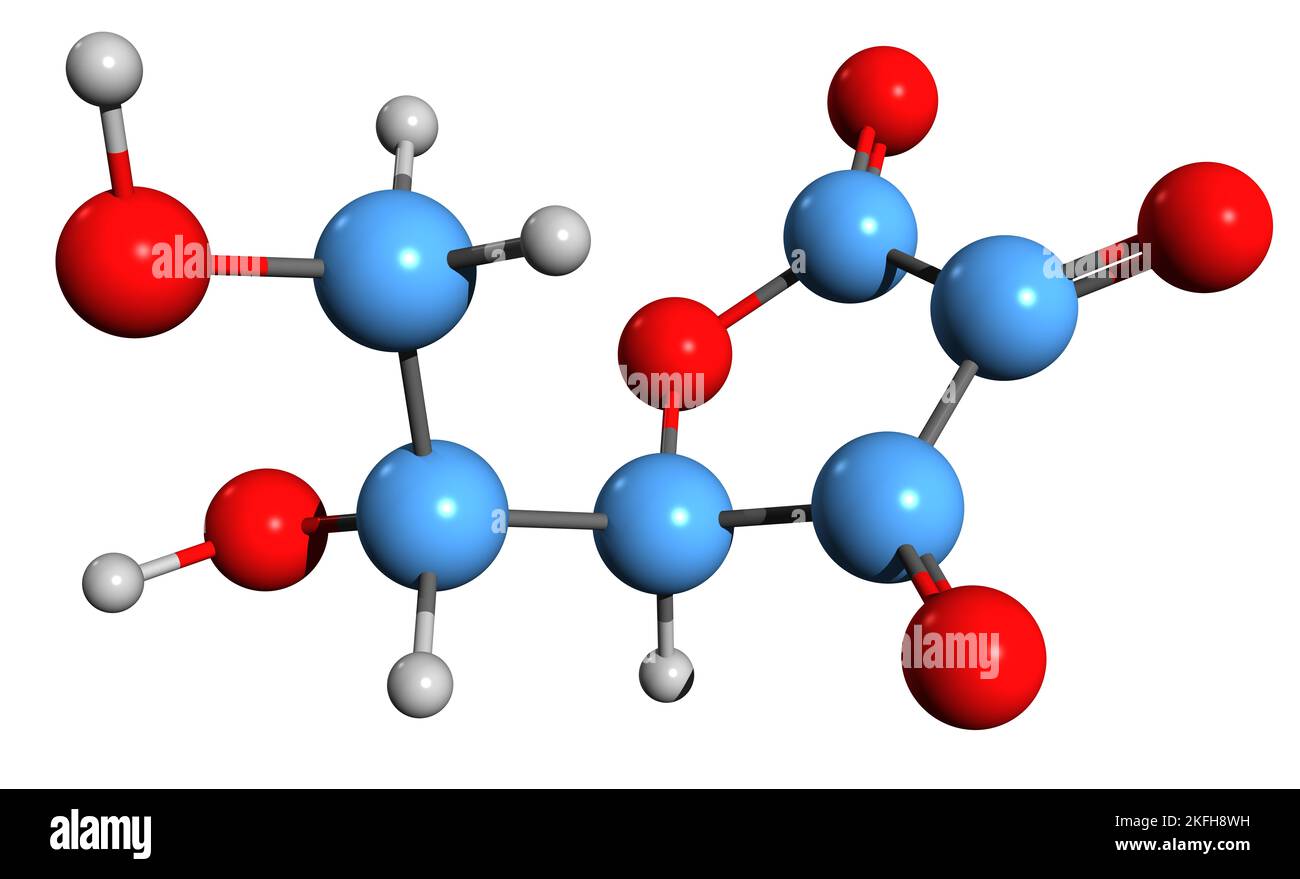 3D image de la formule squelettique de l'acide déhydroascorbique - structure chimique moléculaire de l'acide ascorbique forme oxydée isolée sur fond blanc Banque D'Images