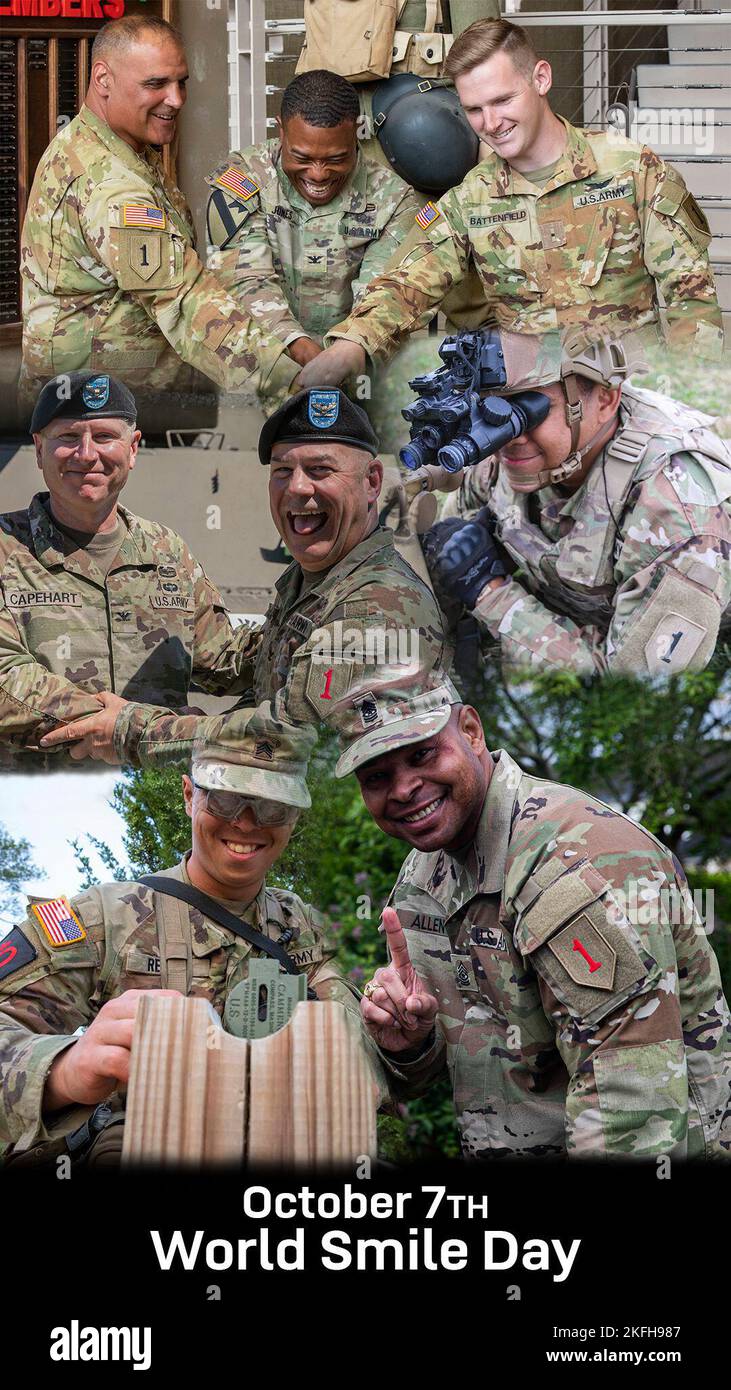 Graphique de 1st soldats de la Division d'infanterie souriant pour la Journée mondiale des sourires. (É.-U. Graphique de l'armée par PFC. Steven Johnson) (cette image a été créée à l'aide d'Adobe Photoshop) Banque D'Images