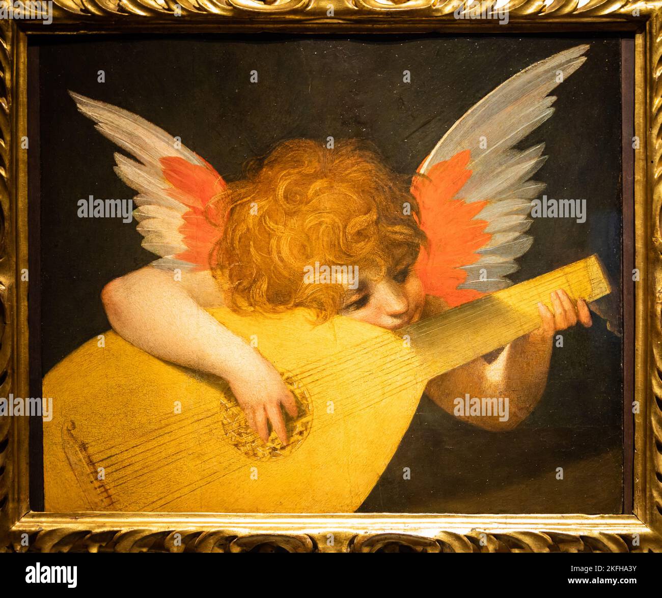 Florence, Italie - Circa août 2021. Ange jouant un luth par Rosso Fiorentino, c.1521 - huile sur panneau Banque D'Images