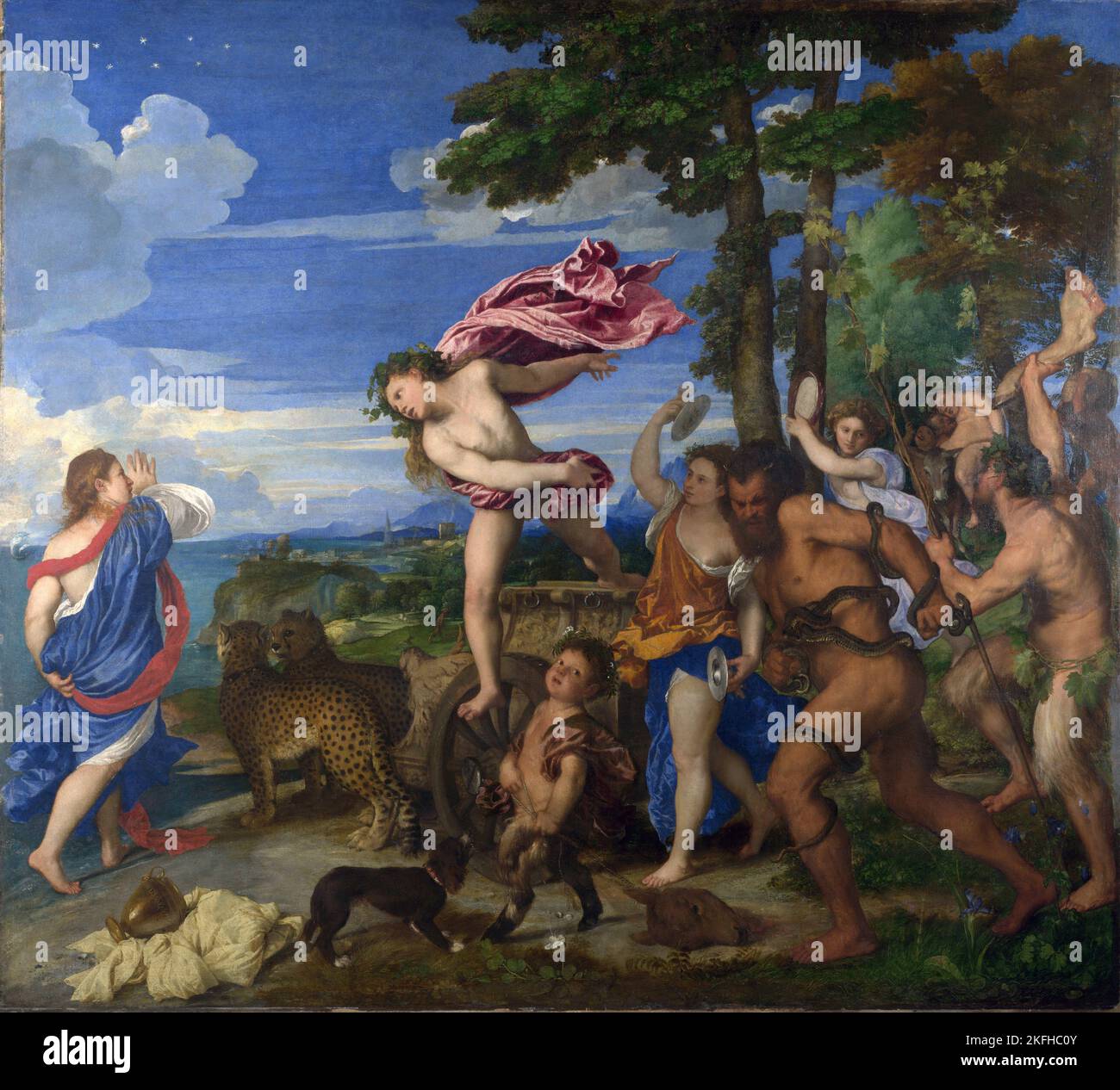 Titien: Bacchus et Ariadne Theseus, dont le navire est montré au loin, vient de quitter Ariadne sur Naxos, quand Bacchus arrive, sautant de son char dessiné par deux cheetahs, tombant immédiatement amoureux d'Ariadne. Bacchus l'a élevée au ciel. La constellation Corona Borealis, le cadeau de Bacchus pour elle, est montrée dans le ciel au-dessus de sa tête. Personnes représentées Ariadne , Bacchus, satyr, Maenad Date de 1520 à 1523 / entre 1520 et 1523 Banque D'Images