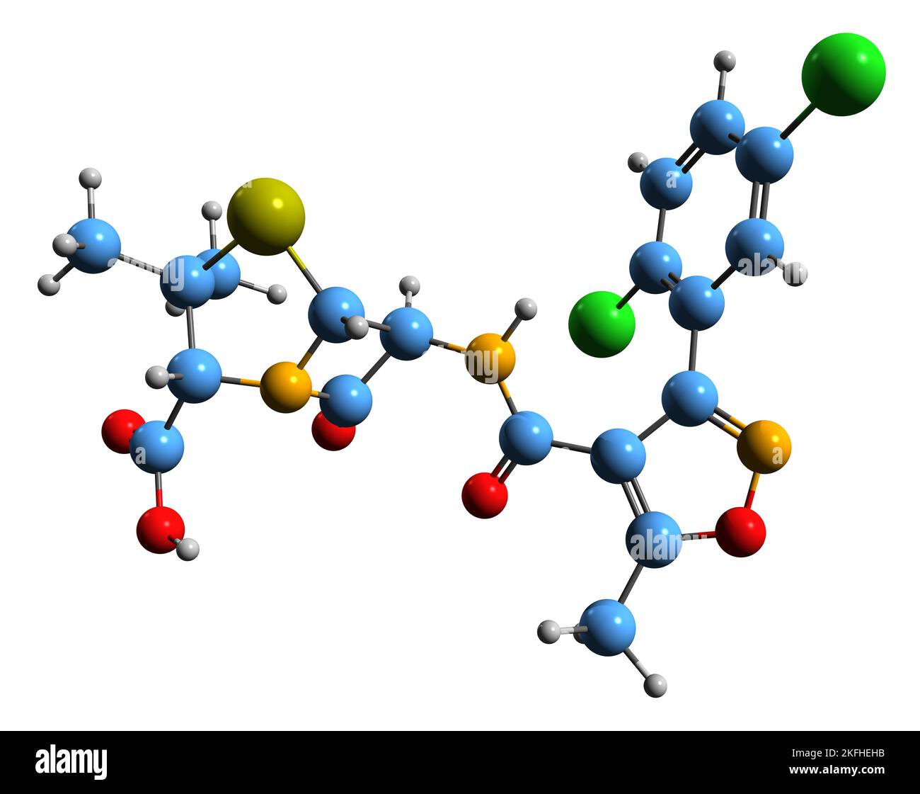 3D image de la formule squelettique de Dicloxacilline - structure chimique moléculaire de l'antibiotique bêta-lactame à spectre étroit isolé sur fond blanc Banque D'Images