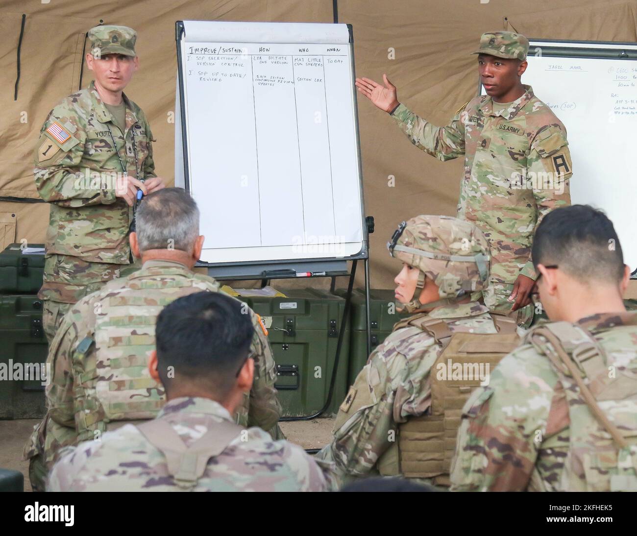 CAMP PENDLETON, Californie – Sgt. 1st classe Todd Youtzy (à gauche) et Sgt. 1st classe Qualeem Green (à droite), les deux officiers supérieurs de contrôle des incendies affectés au 3-358th Field Artillery Regiment, 189th Infantry Brigade, organisent une session d'examen après l'action avec les soldats de la 40th Infantry Division, California National Guard le 16 septembre 2022, pendant l'exercice III du poste de commandement au Camp Pendleton, Californie. Banque D'Images