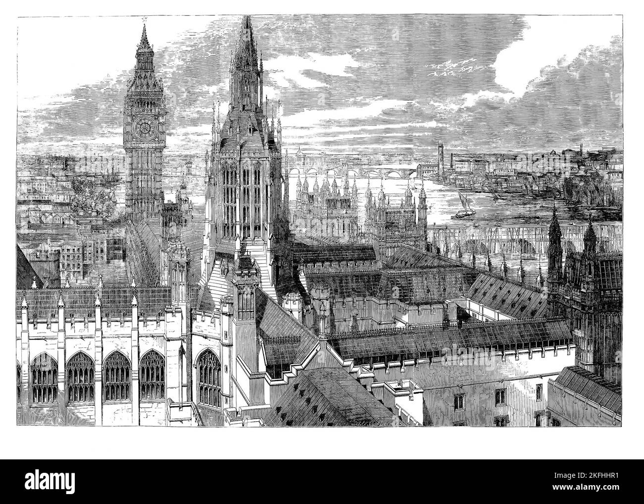 Vue panoramique sur les chambres du Parlement, AKA le Palais de Westminster, sur la rive gauche de la Tamise, dans le quartier de Westminster, Londres, Angleterre. Après avoir été détruit par un incendie en 1834, Sir Charles Barry, assisté d'Augustus Pugin, a conçu les bâtiments actuels dans le style gothique du renouveau. La construction a commencé en 1837 et s'est terminée en 1860 lorsque le dessin a été créé. Banque D'Images