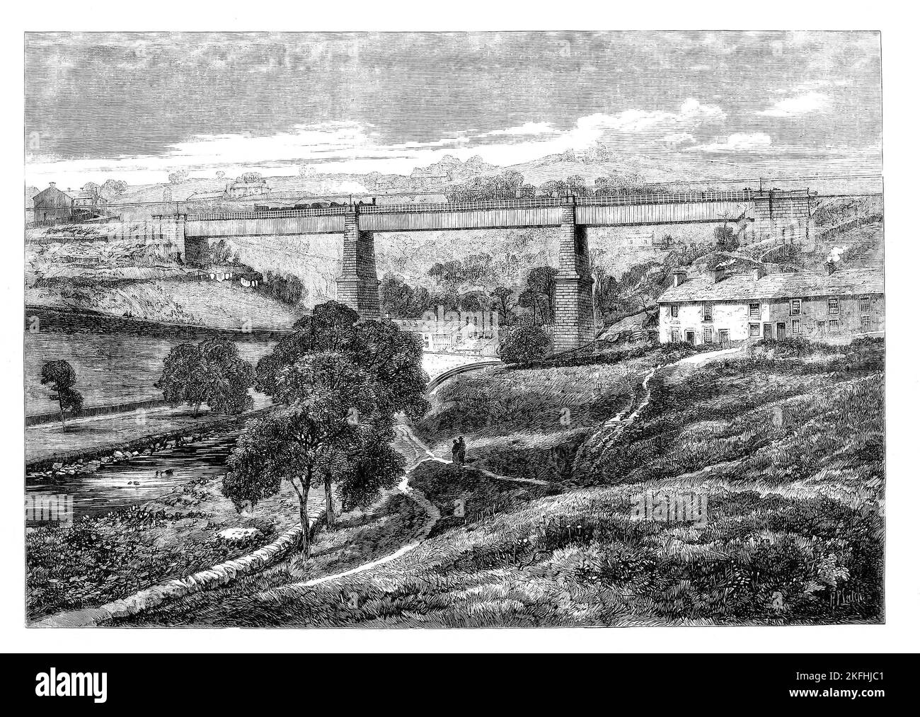 Broadbottom Viaduct (également connu sous le nom d'Etherow ou Mottram Viaduct) est un viaduc ferroviaire qui traverse la rivière Etherow entre Derbyshire et le Grand Manchester en Angleterre. Construit à l'origine de construction en bois soutenu par des piers en pierre en 1842, le bois a été remplacé par des poutres de boîte en fer forgé, moins de 20 ans après l'ouverture du viaduc. En 1919, des barres d'acier et davantage de pières de soutien ont été ajoutées pour un meilleur soutien. Banque D'Images
