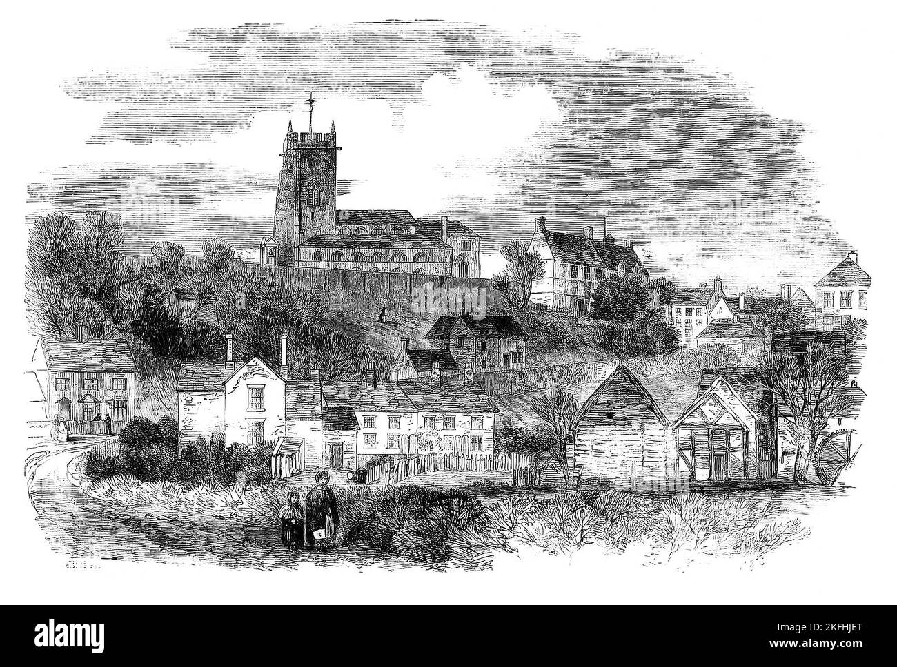 Une vue sur Market Drayton, une ville de marché dans le nord de Shropshire, en Angleterre, près des frontières du Cheshire et du Staffordshire esquissées vers 1861. Il est situé sur la Tern, et était autrefois connu sous le nom de 'Drayton in Hales' (c. 1868) et plus tôt simplement comme 'rayon' (c. 1695). Banque D'Images