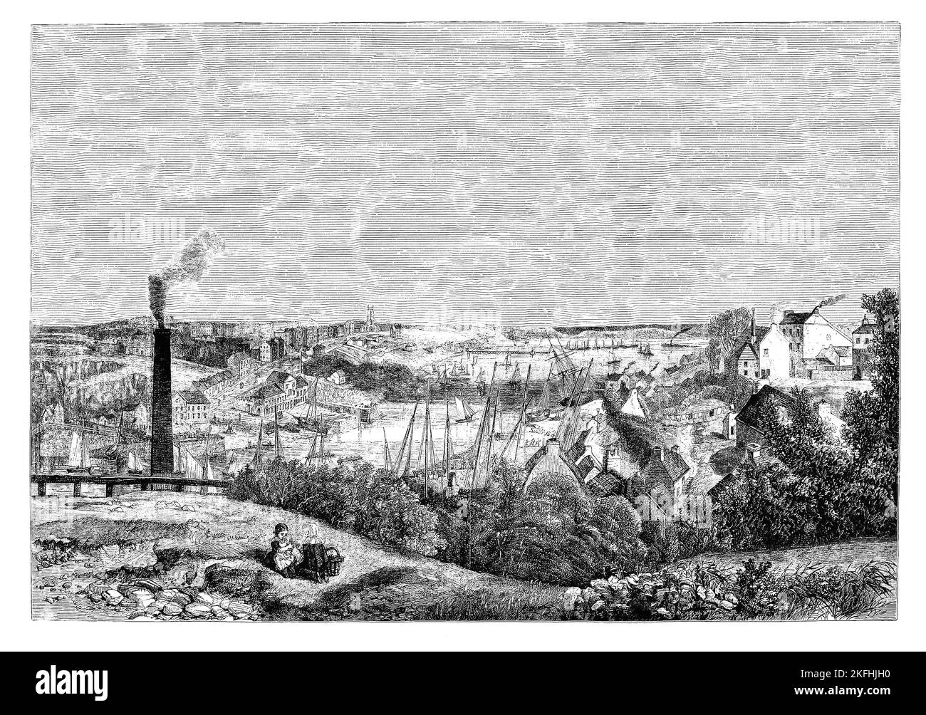 Une vue de Milford Haven au milieu du siècle 19th, à Pembrokeshire, au pays de Galles, d'après une peinture d'Edward Henry Wehnert (1813-1868), un peintre de paysage d'origine anglaise. La ville fondée en 1790 par Sir William Hamilton, qui a conçu un motif en grille, est située sur le côté nord de la voie navigable de Milford Haven, un estuaire formant un port naturel et est utilisé comme port depuis le Moyen-âge. À l'origine, il était destiné à être un centre de chasse à la baleine, mais en 1800, il se développait comme un chantier naval de la Royal Navy qu'il demeurait jusqu'à ce que le chantier naval soit transféré à Pembroke en 1814. Banque D'Images