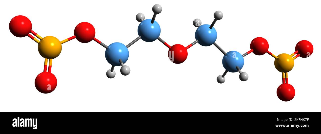 3D image de formule squelettique de diéthylène glycol dinitrate - structure chimique moléculaire de l'ester d'alcool nitré explosif DEGDN isolé sur b blanc Banque D'Images