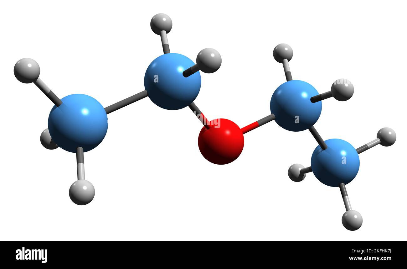 3D image de la formule squelettique de l'éther diéthylique - structure chimique moléculaire du éther isolé sur fond blanc Banque D'Images