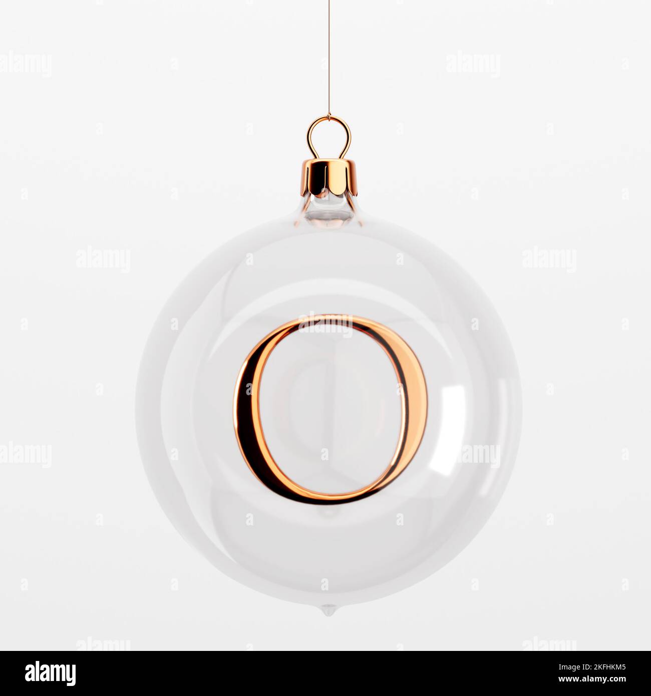 Boules suspendues en verre pour Noël festif. Avec la lettre dorée O. 3D Rendering Banque D'Images