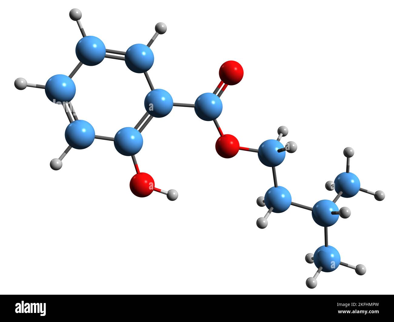 3D image de la formule squelettique du salicylate d'Isoamyl - structure chimique moléculaire de l'ester de benzoate isolé sur fond blanc Banque D'Images