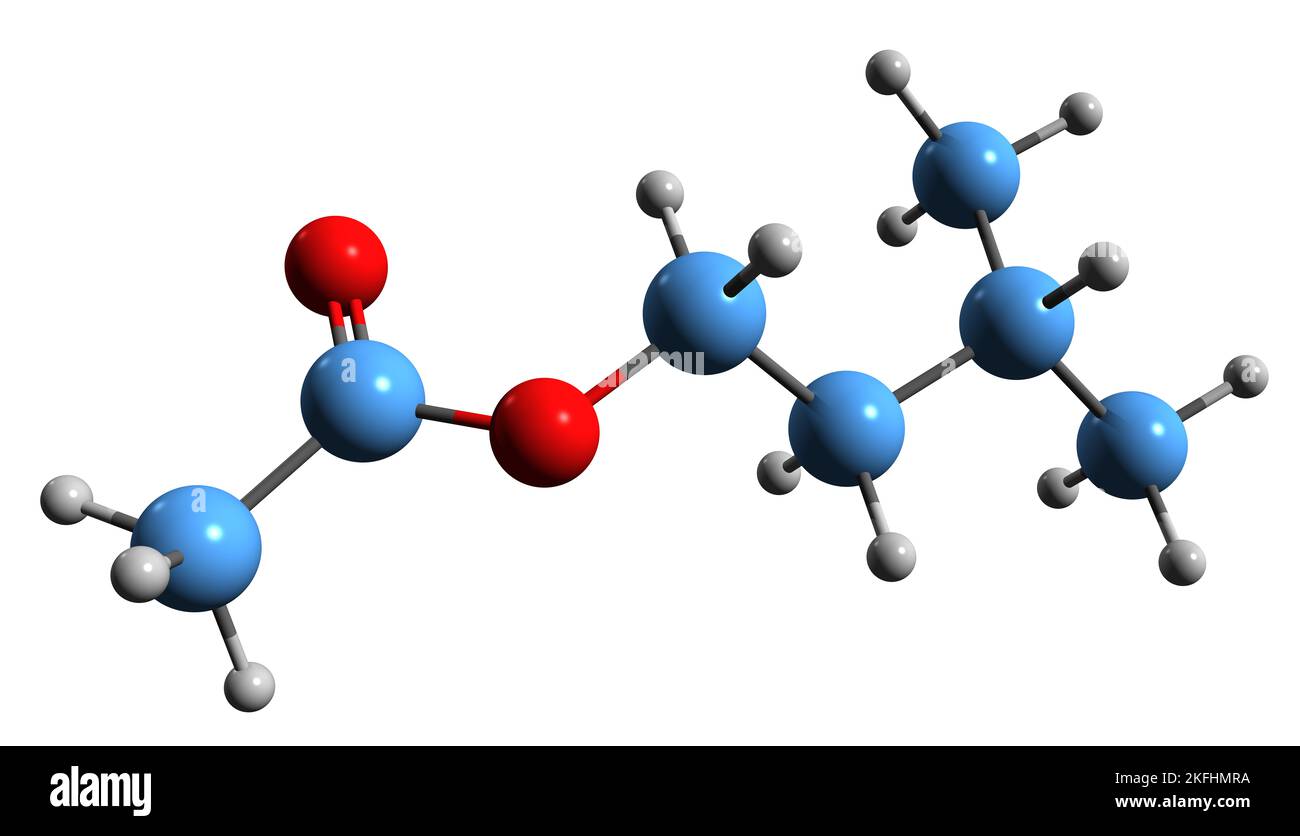 3D image de la formule squelettique de l'acétate d'isoamyle - structure chimique moléculaire de l'acétate d'isopentyle isolé sur fond blanc Banque D'Images