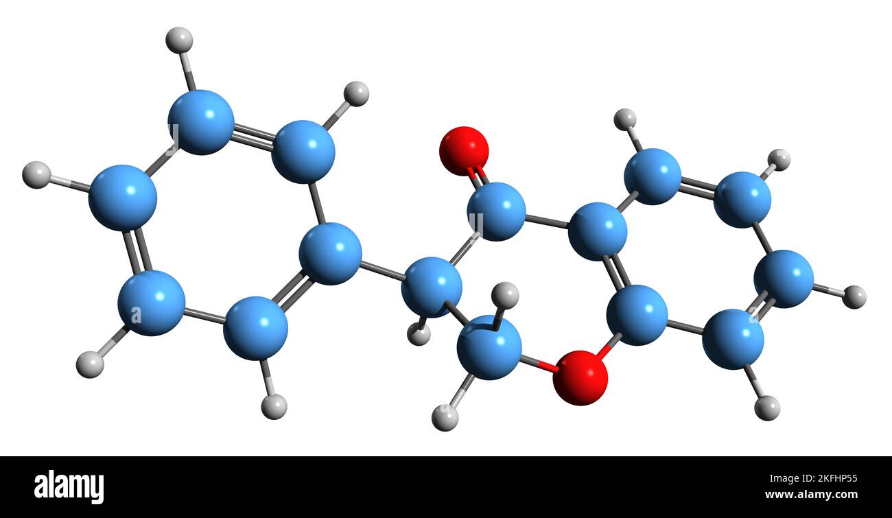3D image de la formule squelettique Isoflavanone - structure chimique moléculaire de la 3-phénylchromane-4-one isolée sur fond blanc Banque D'Images