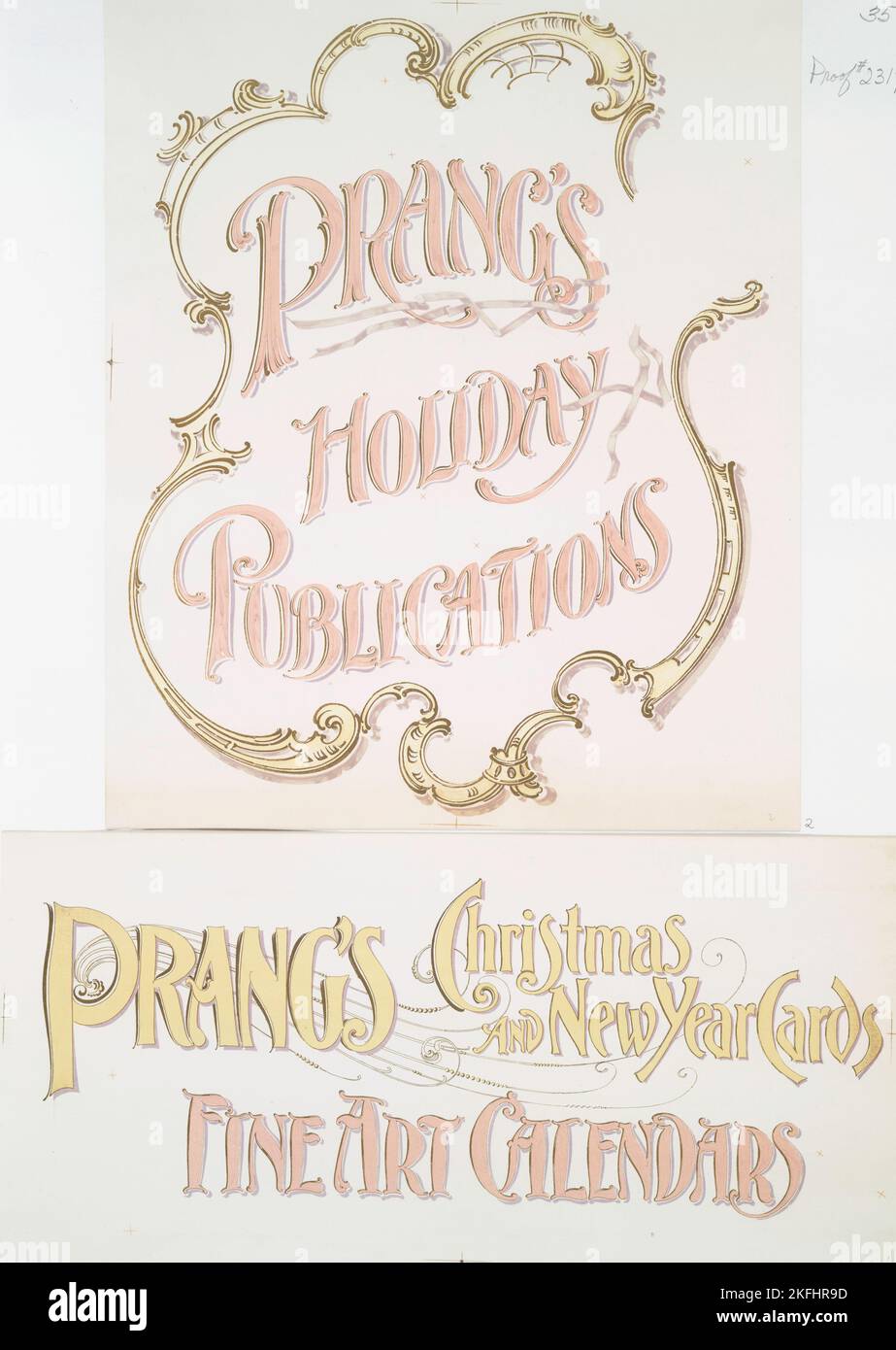 Affiches avec les mots « les publications de vacances de Prang » et « les cartes de Noël et du nouvel an de Prang, les calendriers des beaux-arts », c1865 - 1899. [Editeur: L. Prang &amp; Co.; lieu: Boston] Banque D'Images