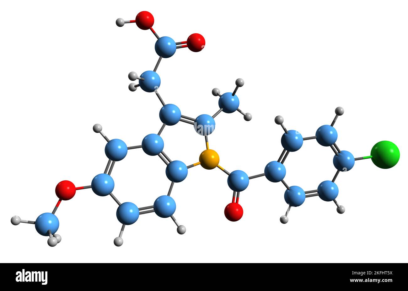 3D image de la formule squelettique d'Indométacine - structure chimique moléculaire du médicament anti-inflammatoire non stéroïdien isolé sur fond blanc Banque D'Images