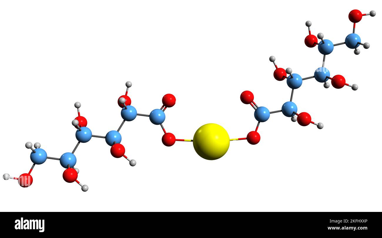 3D image de la formule squelettique du gluconate de calcium - structure chimique moléculaire du supplément minéral isolé sur fond blanc Banque D'Images