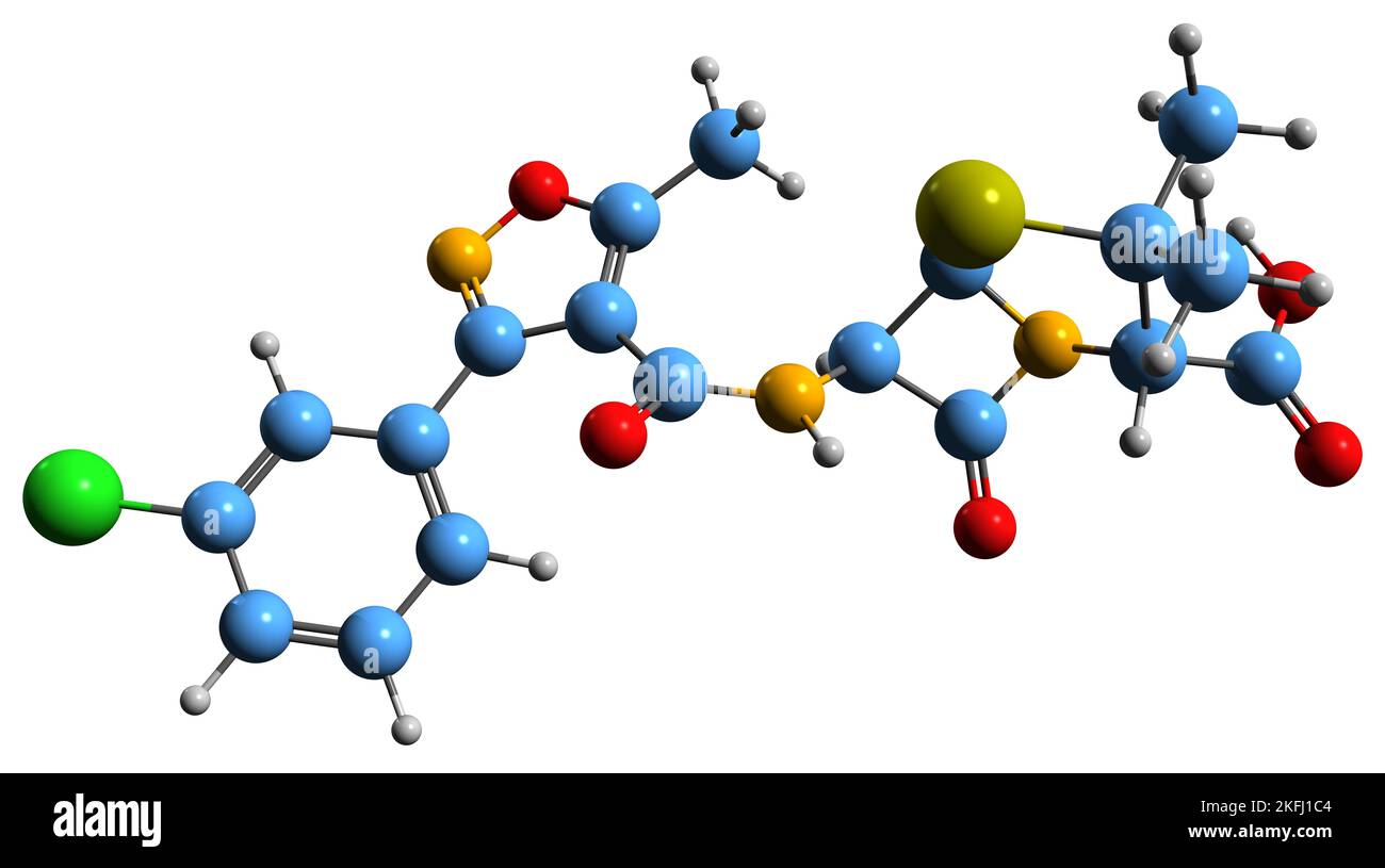 3D image de la formule squelettique de Cloxacilline - structure chimique moléculaire de l'antibiotique isolé sur fond blanc Banque D'Images