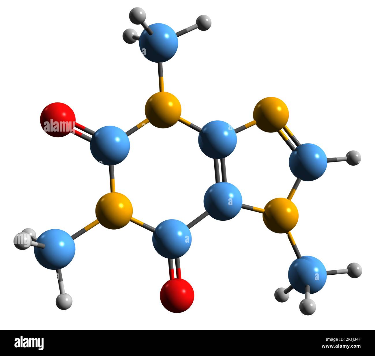 3D image de formule squelettique de caféine - structure chimique moléculaire du stimulant du système nerveux central isolé sur fond blanc Banque D'Images
