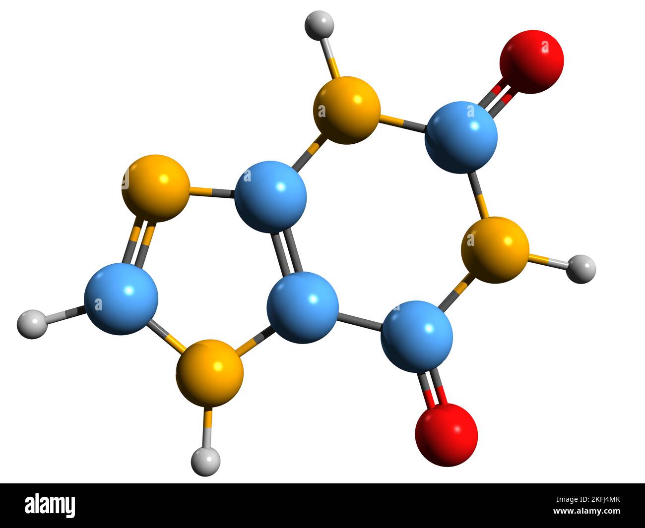 3D image de la formule squelettique de la xanthine - structure chimique moléculaire de la Purinedione isolée sur fond blanc Banque D'Images