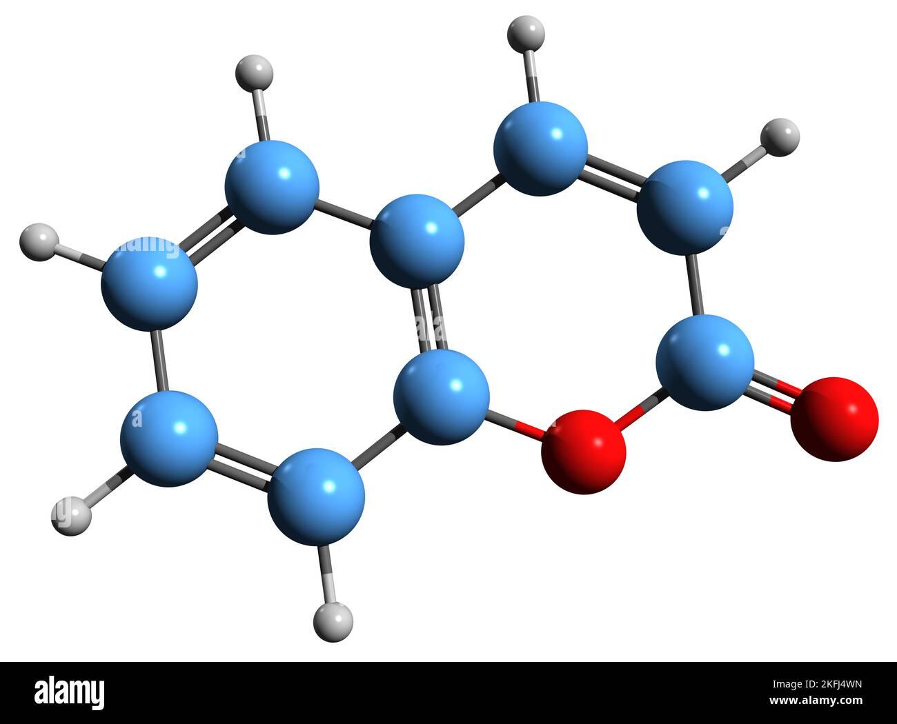 3D image de formule squelettique de coumarine - structure chimique moléculaire de 2H-chromans-2-one isolée sur fond blanc Banque D'Images