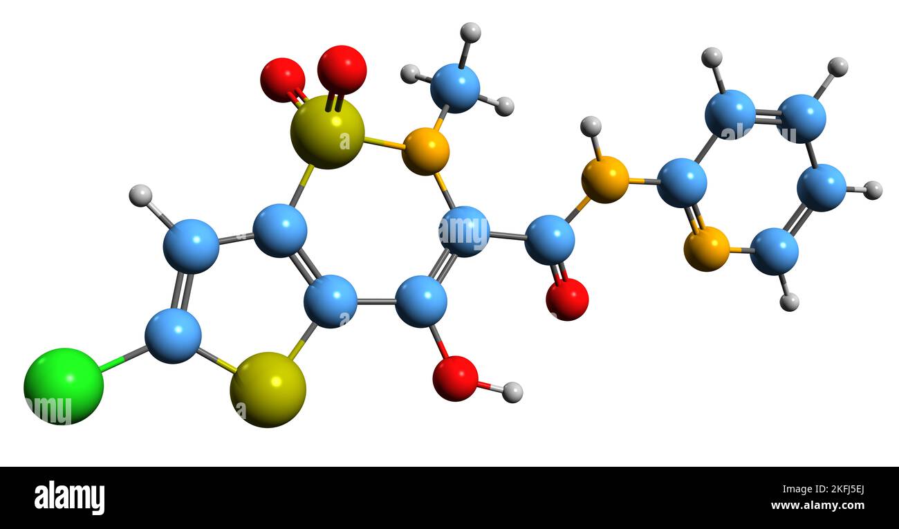 3D image de la formule squelettique de Lornoxicam - structure chimique moléculaire du chlortenoxicam isolé sur fond blanc Banque D'Images