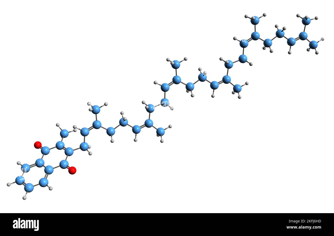 3D image de la formule squelettique de la ménaquinone - structure chimique moléculaire de la vitamine K2 isolée sur fond blanc Banque D'Images