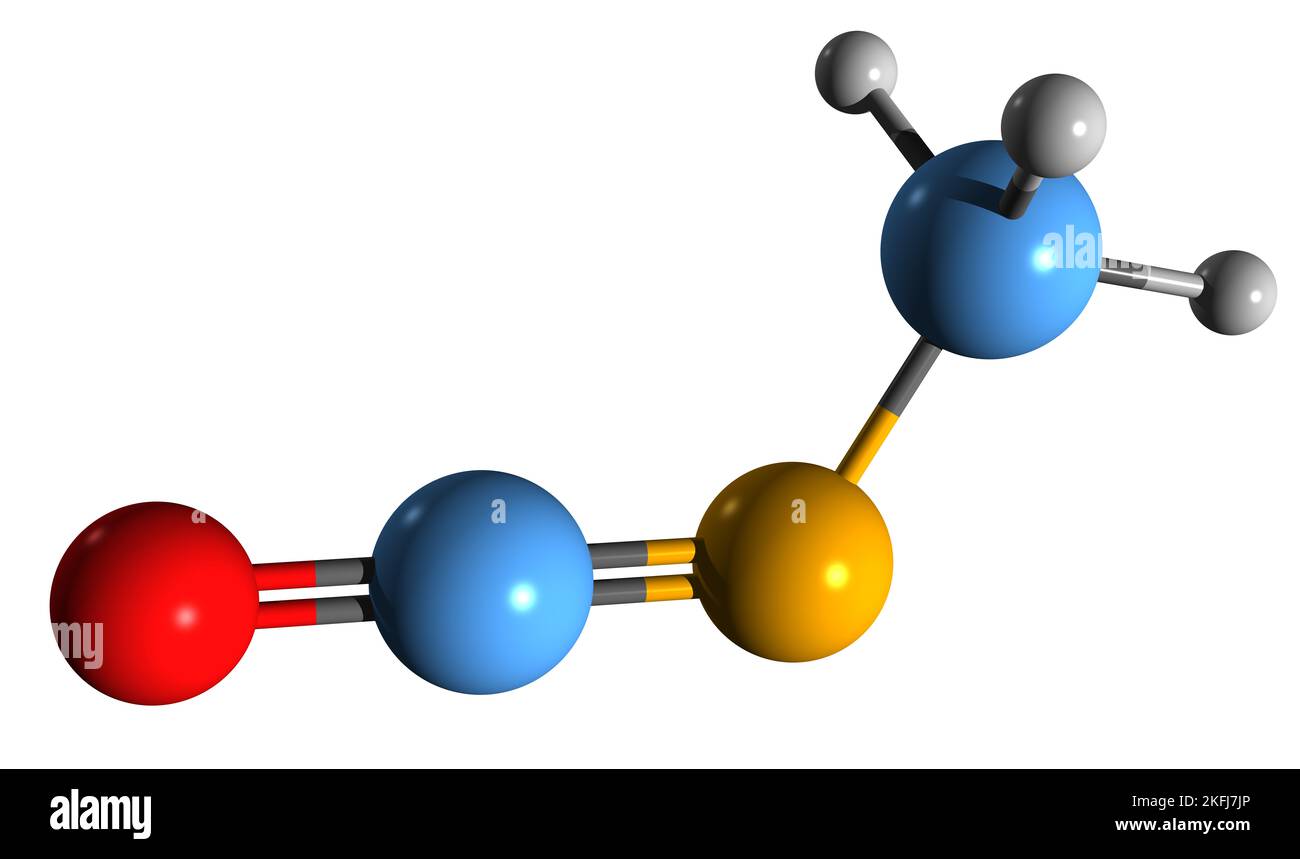 3D image de la formule squelettique de l'isocyanate de méthyle - structure chimique moléculaire de la méthylcarpylamine isolée sur fond blanc Banque D'Images