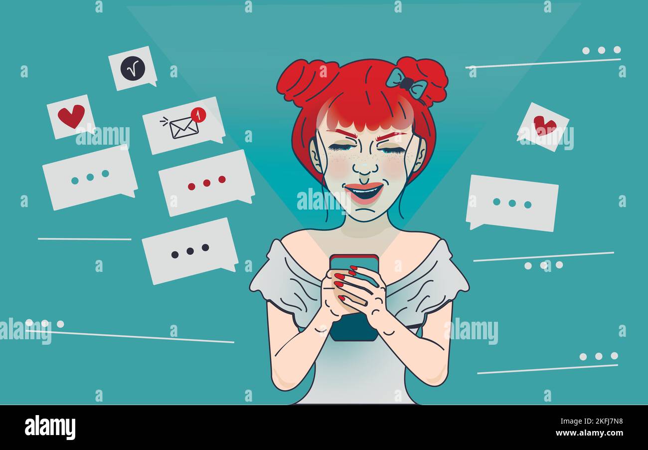 Jeune homme avec smartphone, femme personnage écrivant des sms communiquant dans les médias sociaux, chat Illustration de Vecteur