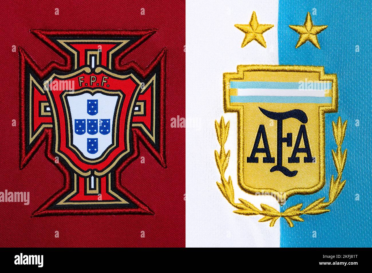 Gros plan de l'écusson de l'équipe nationale de football sur l'ensemble domicile. Coupe du monde de la FIFA, Qatar 2022. Banque D'Images