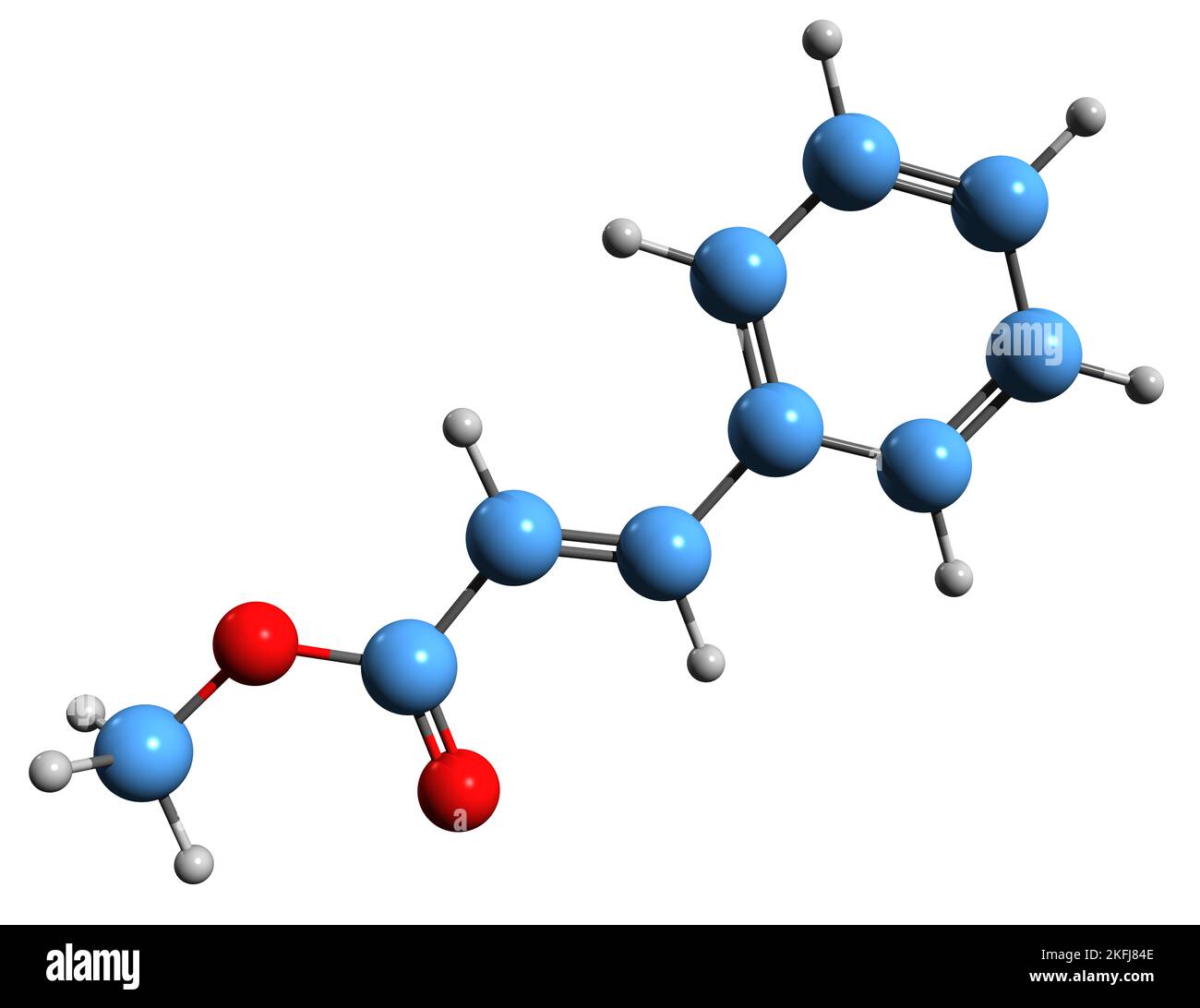 3D image de la formule squelettique du cinnamate de méthyle - structure chimique moléculaire du méthylphénylpropenoate isolé sur fond blanc Banque D'Images