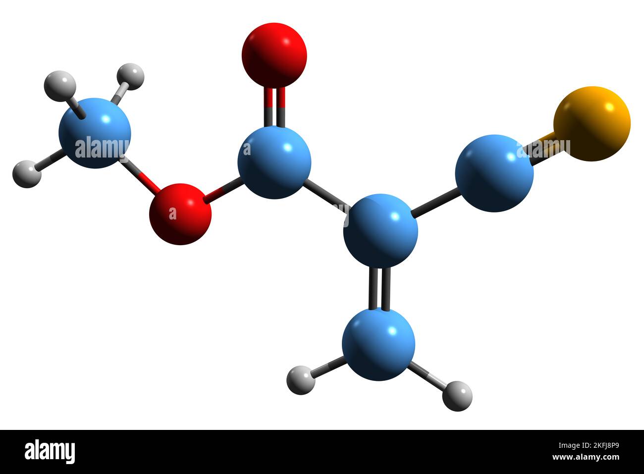3D image de la formule squelettique du cyanoacrylate de méthyle - structure chimique moléculaire du 2-cyanoprop-2-énoate de méthyle isolé sur fond blanc Banque D'Images