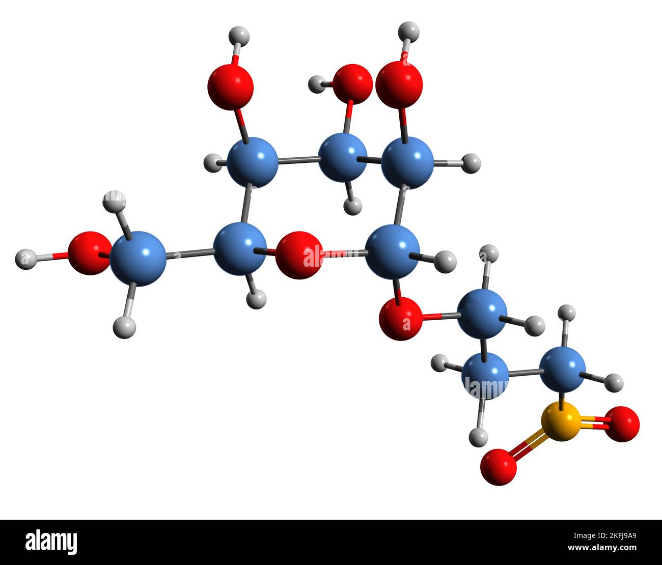 3D image de la formule squelettique de la Misérotoxine - structure chimique moléculaire de la phytotoxine 3-Nitropropyl hexopyranoside isolée sur fond blanc Banque D'Images