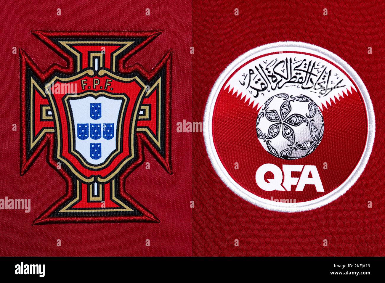 Gros plan de l'écusson de l'équipe nationale de football sur l'ensemble domicile. Coupe du monde de la FIFA, Qatar 2022. Banque D'Images