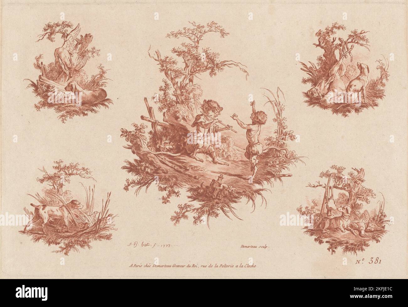 Singerie avec quatre vignettes de chiens chasse, 1773. Banque D'Images Singerie avec quatre vignettes de chiens chasse, 1773. Banque D'Images