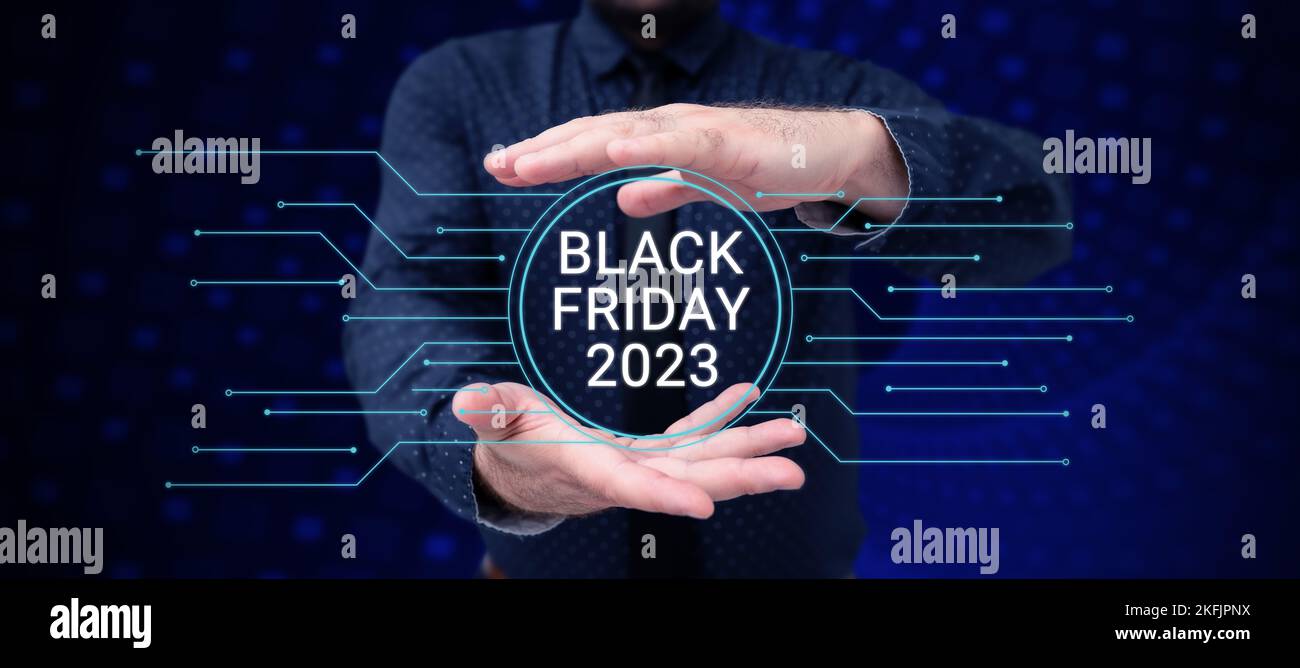 Légende du texte présentant Black Friday 2023. Journée de présentation des affaires suivant les rabais de Thanksgiving jour de magasinage Banque D'Images