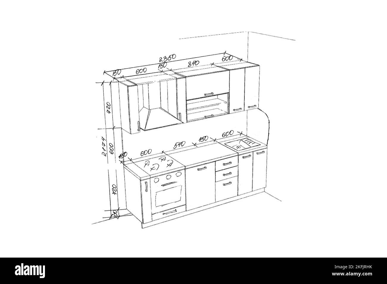 Croquis, dessin de meubles pour la cuisine avec des dimensions, projet de  conception Photo Stock - Alamy