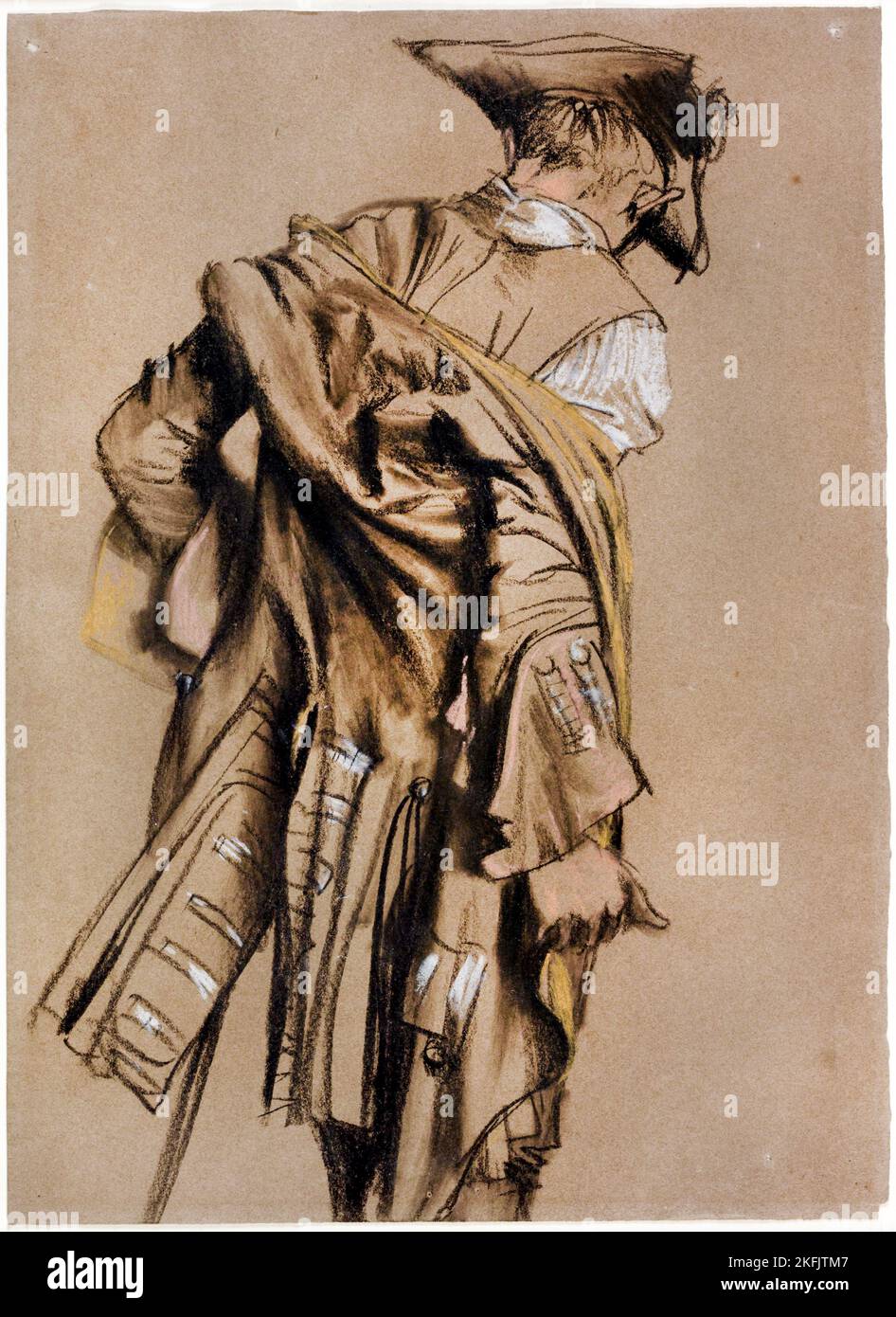 Adolph von Menzel; le modèle de l’artiste, vu dans la vue arrière, mettant en place une uniforme du XVIIIe siècle; Circa 1800-1899; craie noire; Iris et B. Gerald Cantor Banque D'Images