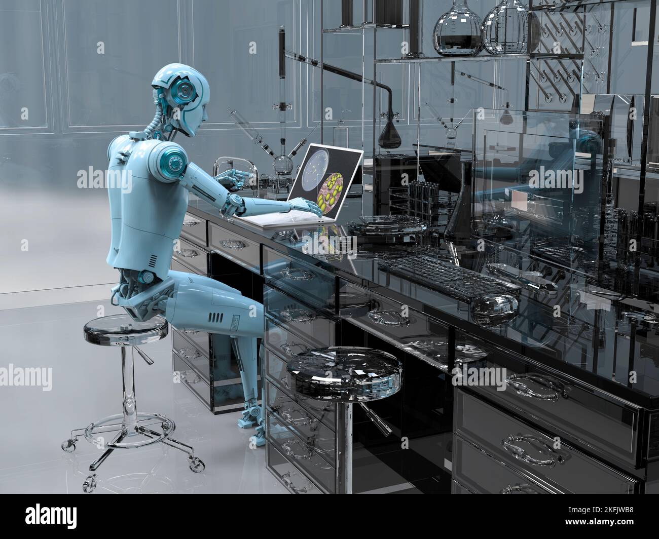 Robot humanoïde fonctionnant avec un ordinateur portable, illustration conceptuelle Banque D'Images