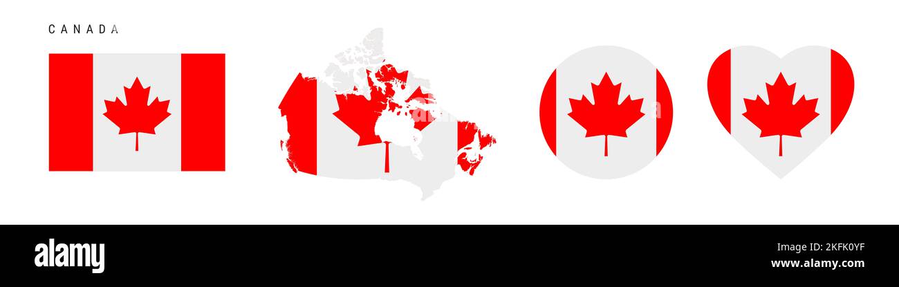 Ensemble d'icônes de drapeau du Canada. Fant canadien dans les couleurs et les proportions officielles. Rectangulaire, en forme de carte, en forme de cercle et de coeur. Isoler l'illustration plate Banque D'Images