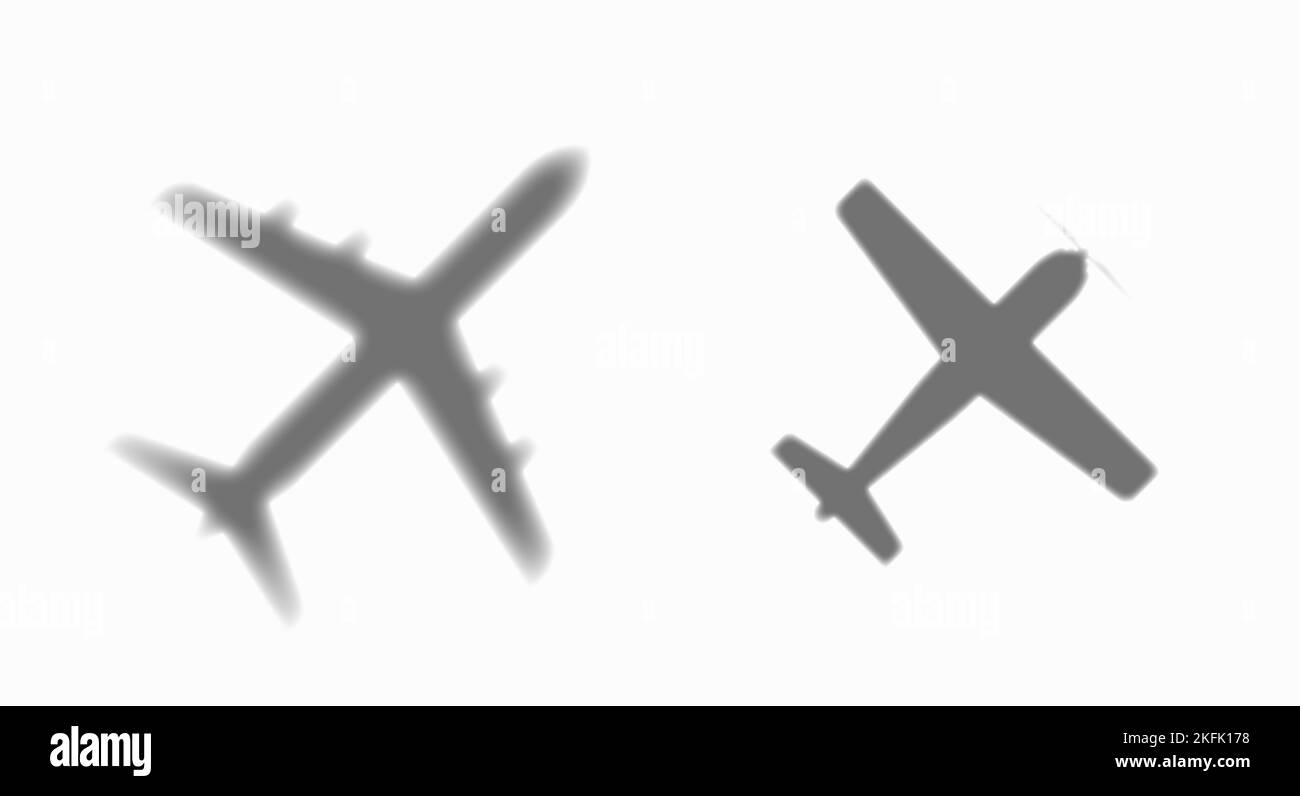 Ombres de deux plans avec bords flous. Avions à réaction et légers de passagers. Illustration plate isolée sur fond blanc. Banque D'Images
